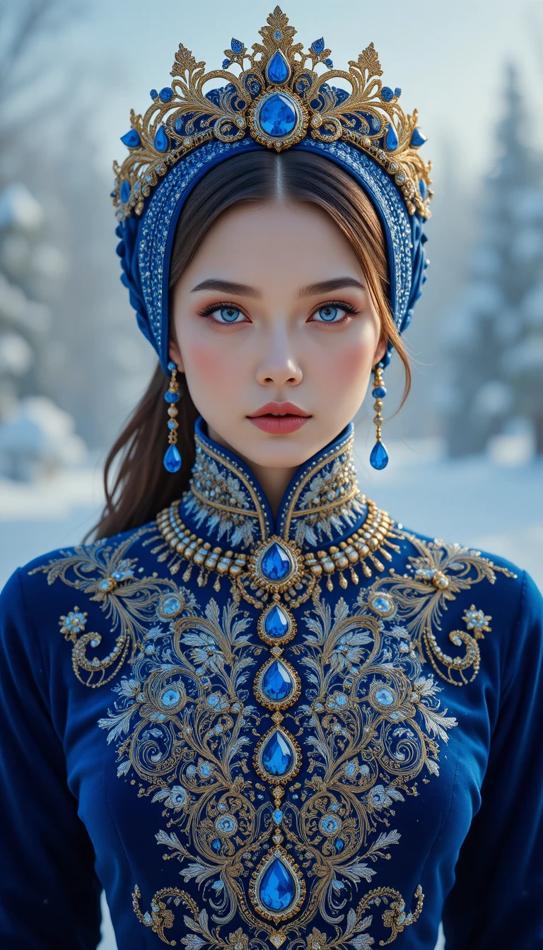 Nobile fanciulla in velluto blu con tiara di gioielli nella neve