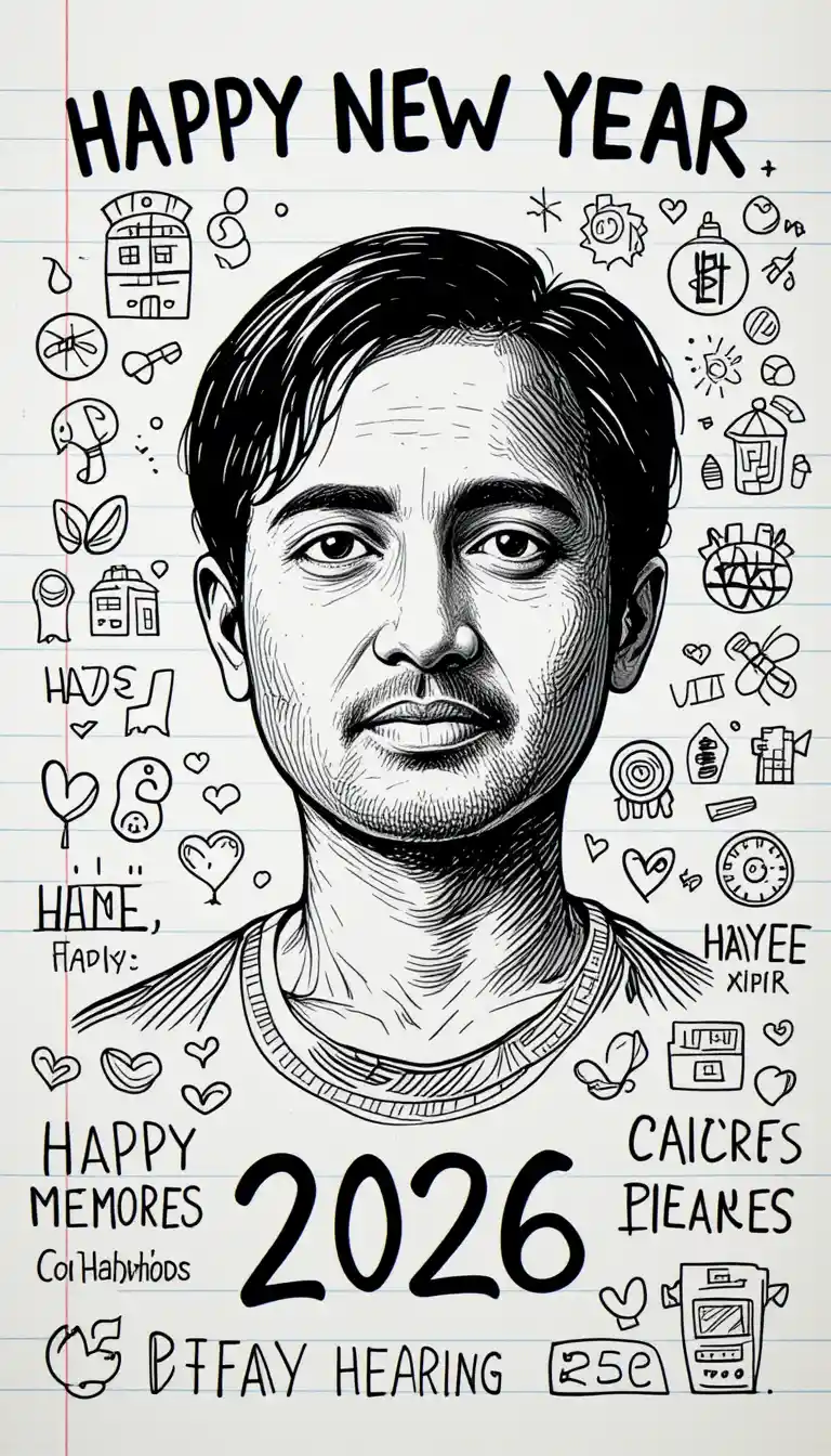 Happy new year doodle poster with close up girl portrait