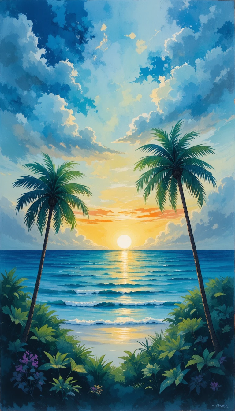 Impressionist tropical seascape at sunset with palm trees