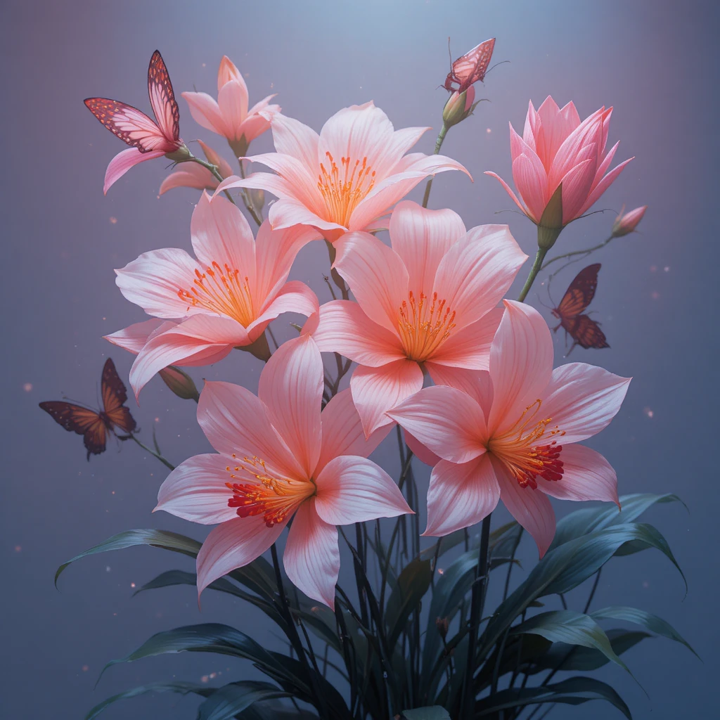 Pointillist lilies and orchids glowing with neon light