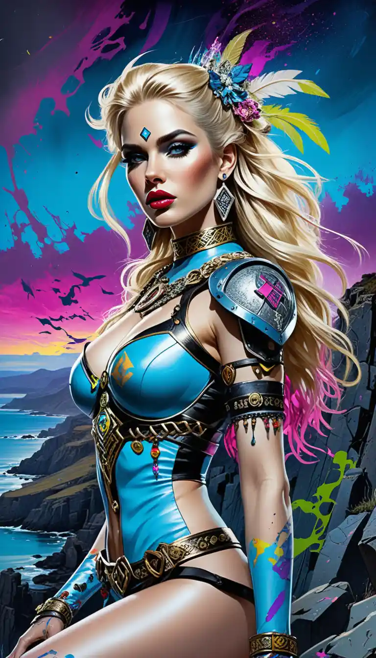 Celtic warrior woman on cliff at glowing twilight sky