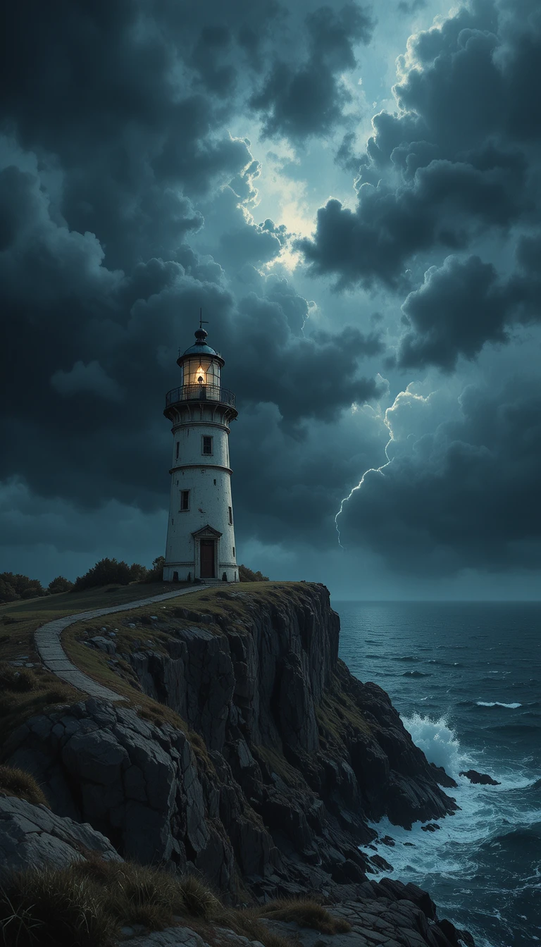 Faro in tempesta che illumina un oceano oscuro e turbolento