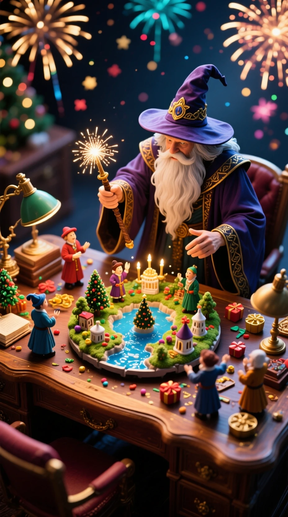 Grande mago observando um mundo em miniatura de Ano Novo