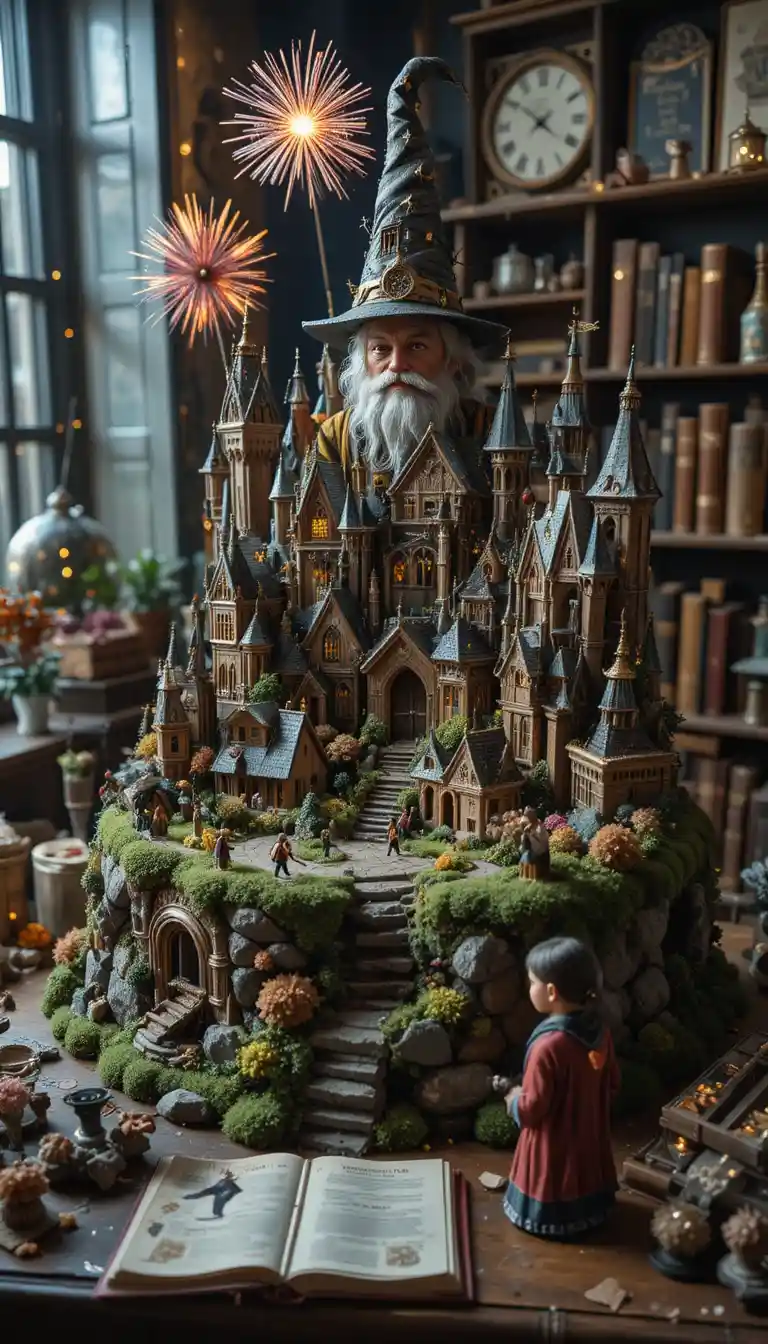 新年の魔法使いの机に広がるミニチュア幻想世界