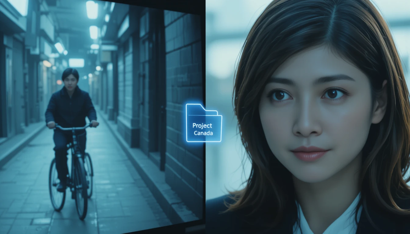 Young woman studying surveillance footage in a dark office