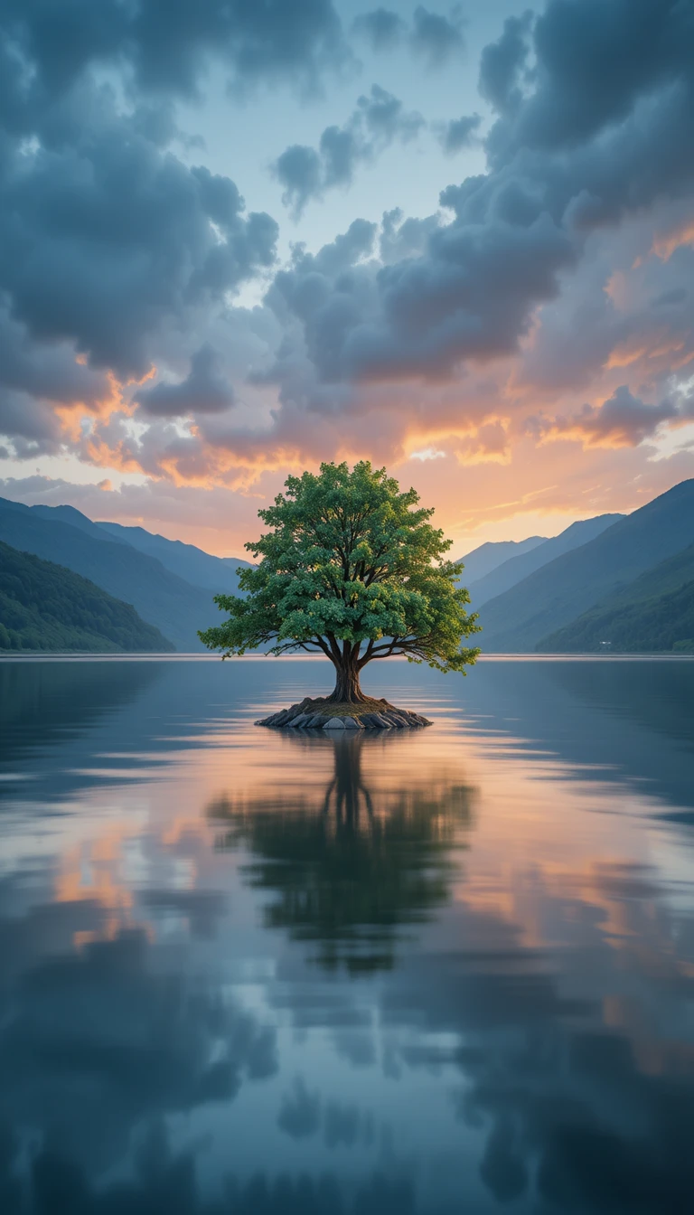 Solitary green tree rising from a calm reflective lake