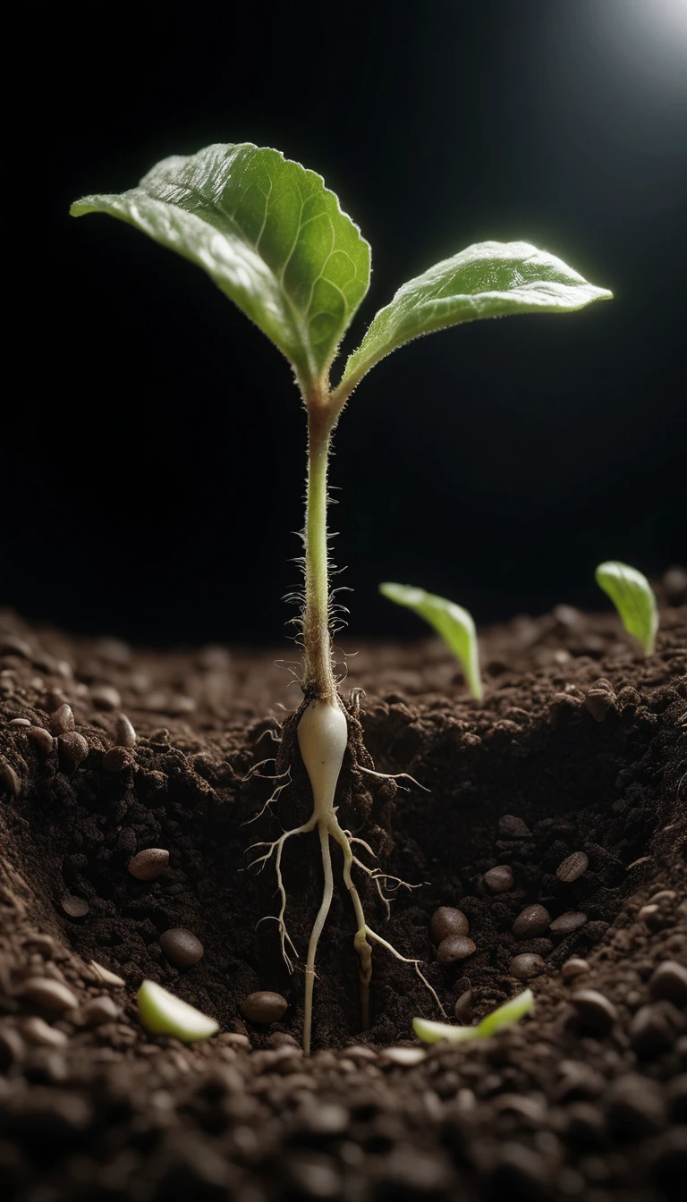Apple seed germinating beneath layered soil cross section