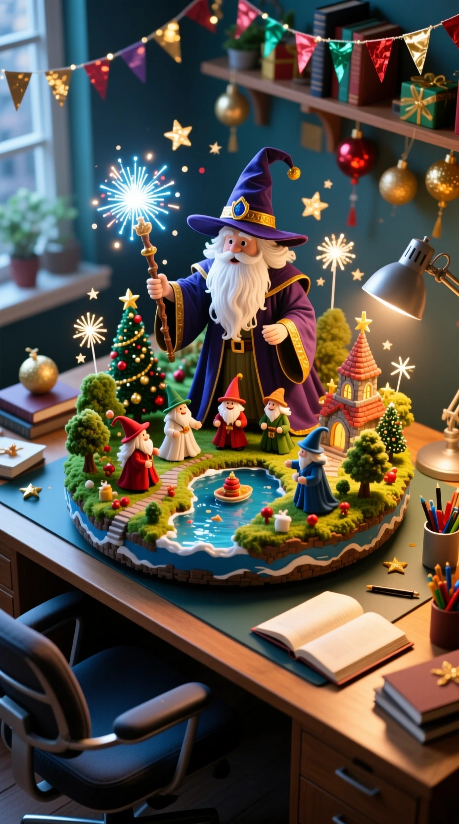 Great wizard overlooking a miniature new year world