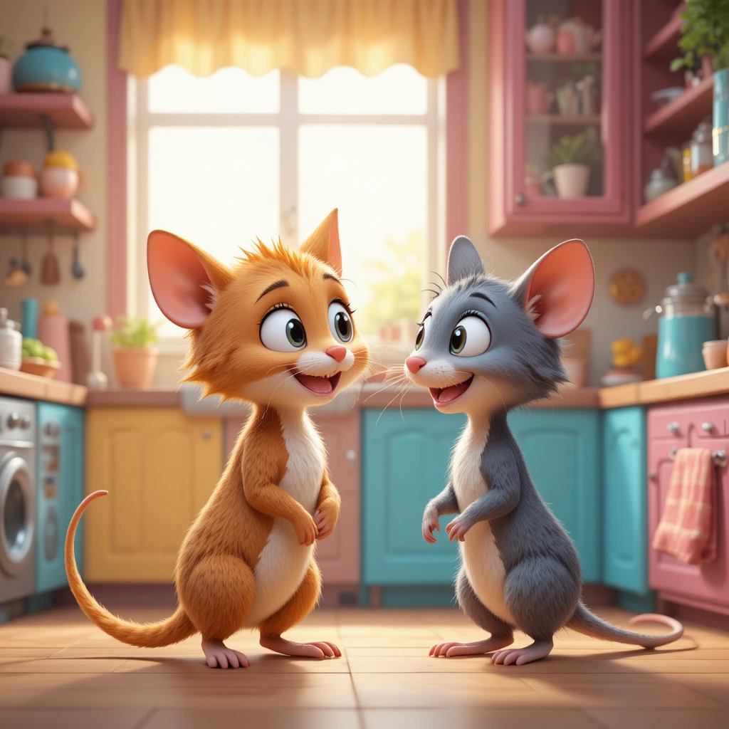 Cute 3D cartoon cat and rat in a colorful kitchen