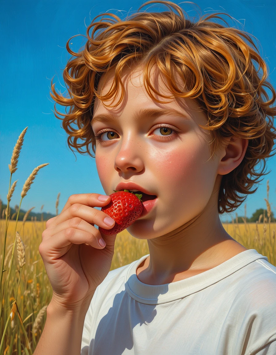 Bambino che mangia una fragola nell’erba alta
