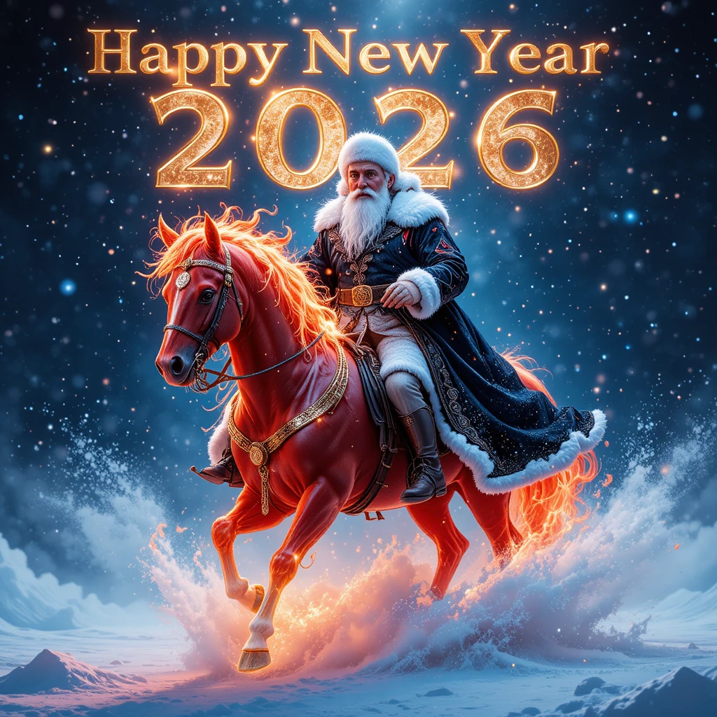 Grandfather Frost riding a fiery red horse in blizzard