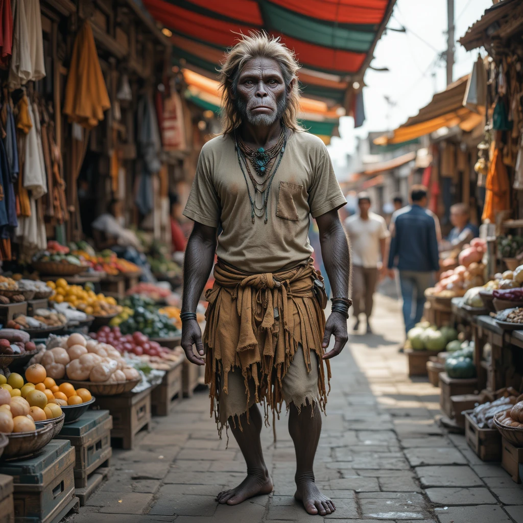 Humanoid monkey figure standing in a colorful street market
