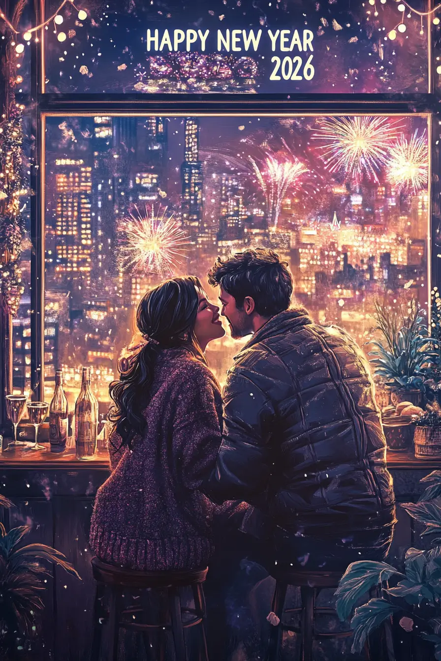 Couple Toasting On Rooftop Terrace At New Year Party