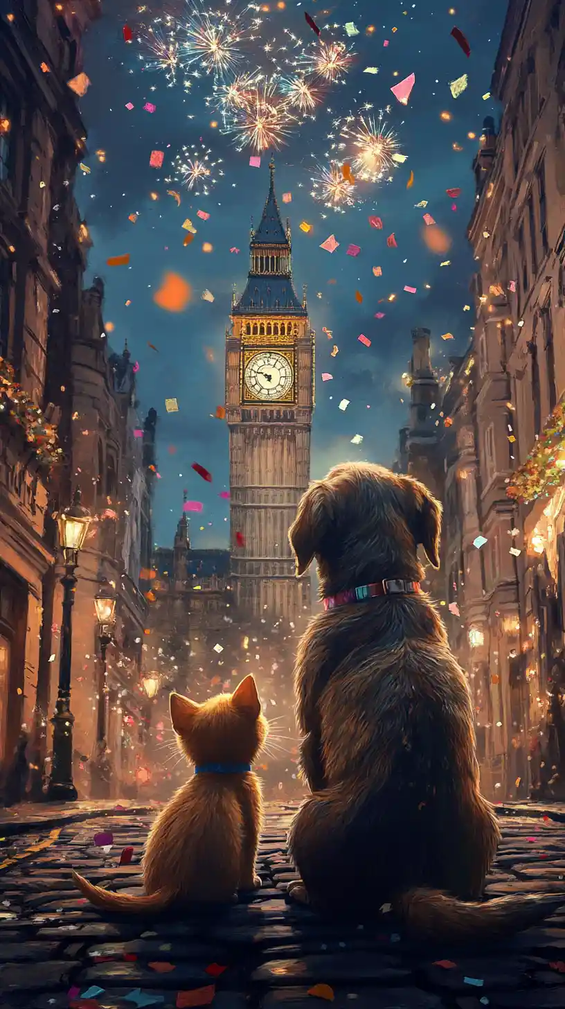 Cane e gattino che guardano i fuochi d’artificio in una strada di Londra