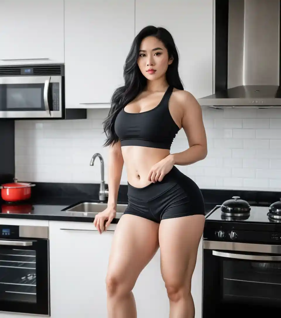 Donna vietnamita atletica in abbigliamento sportivo in cucina moderna