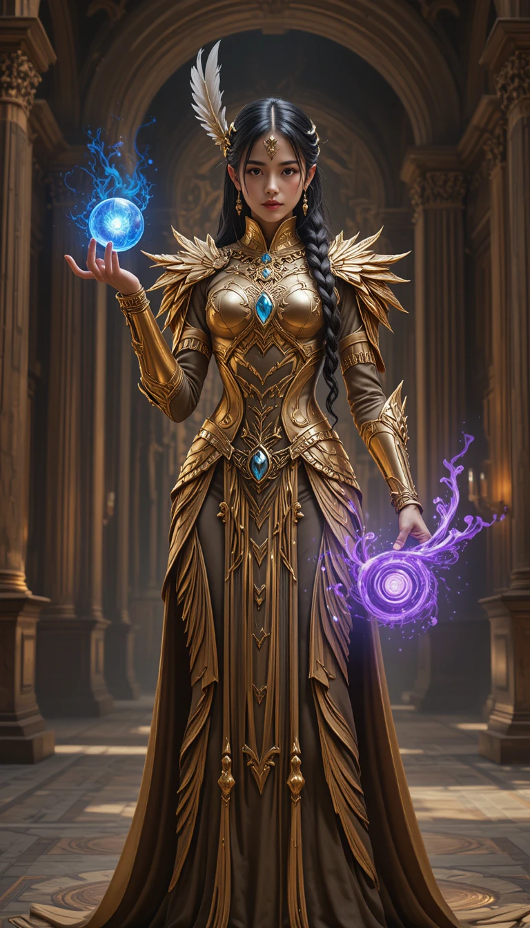 Golden armored sorceress in a grand palace hall