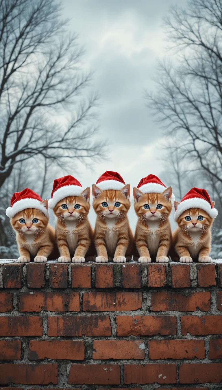 Cinque gattini con cappelli di Babbo Natale su un muro di mattoni