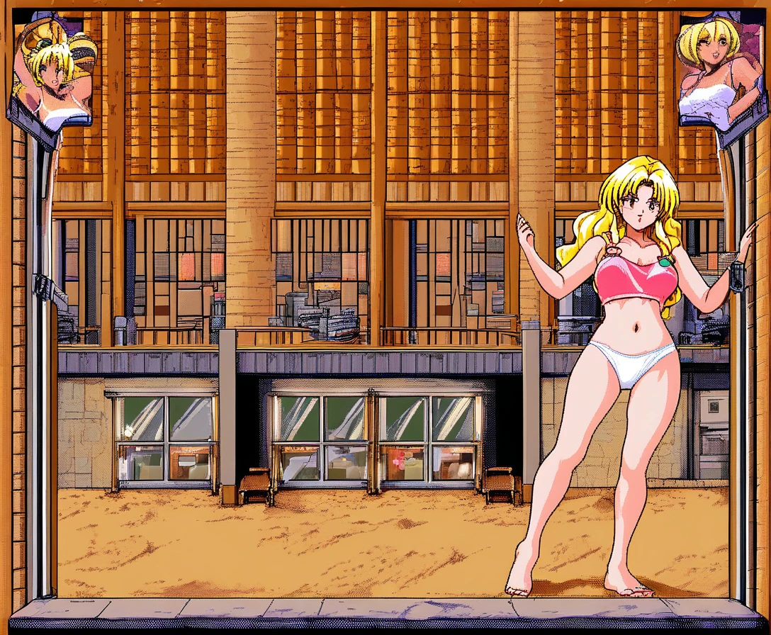 Sassy anime girl posing in a beach cafe game screen