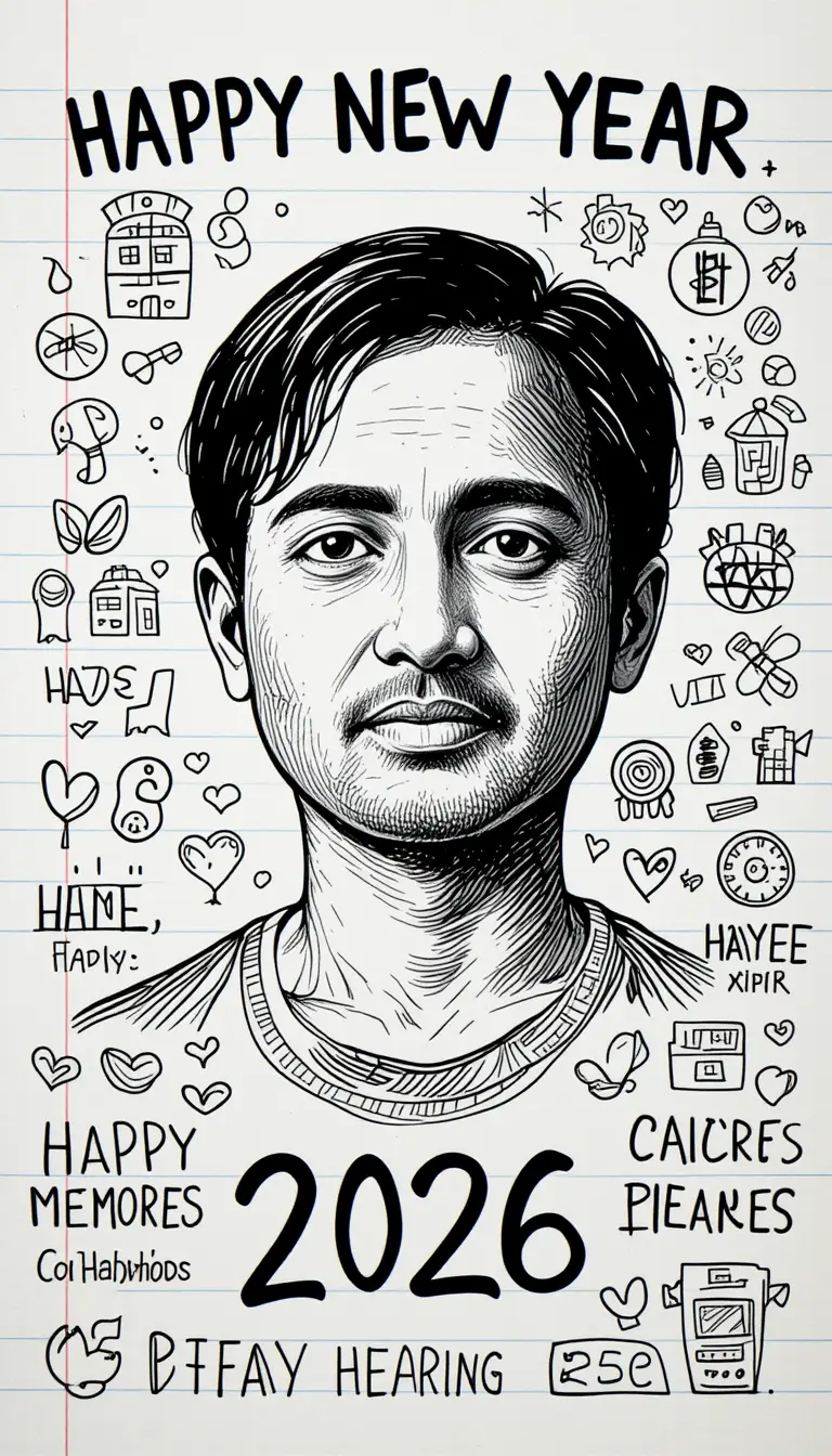Happy new year doodle poster with close up girl portrait