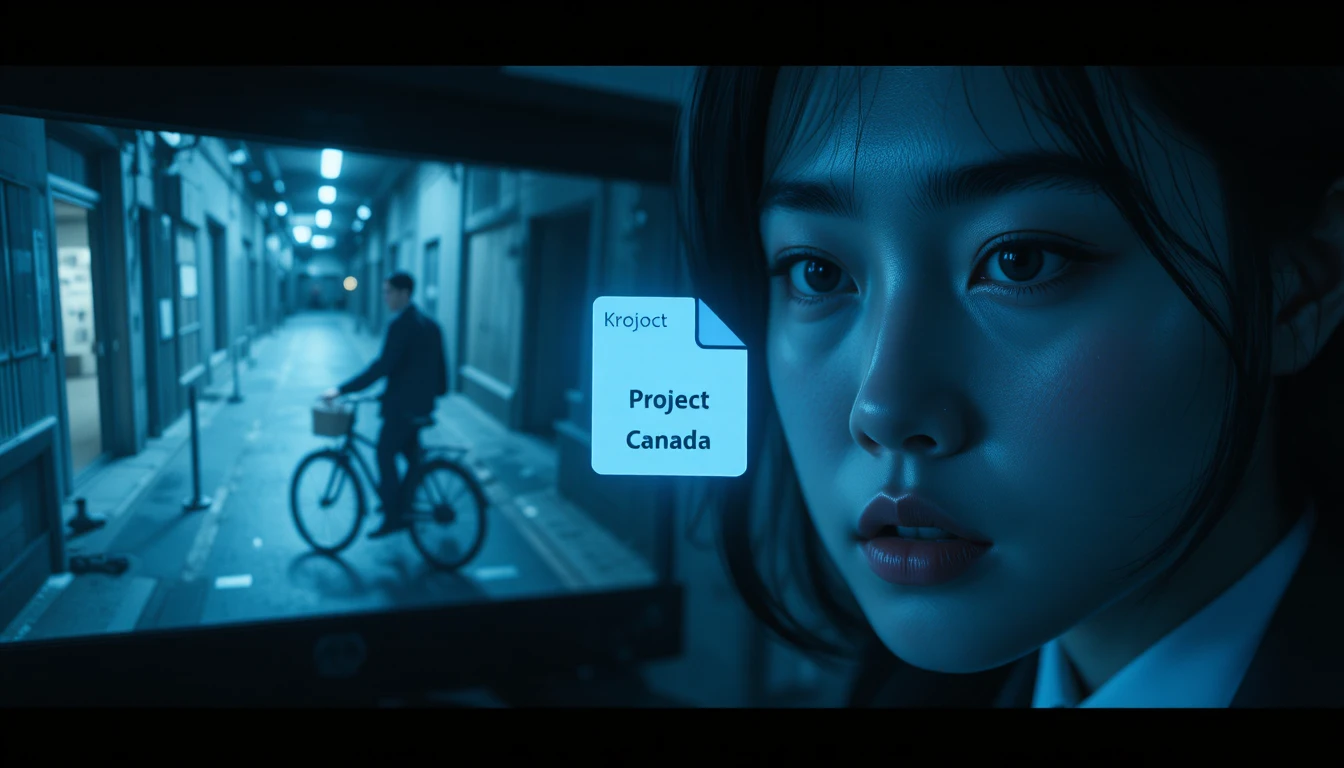 Young woman in suit lit by blue computer screen