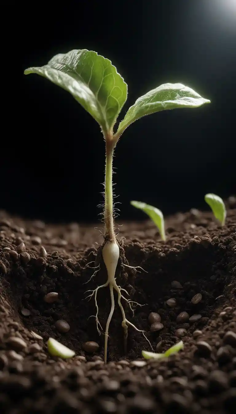 Apple seed germinating beneath layered soil cross section