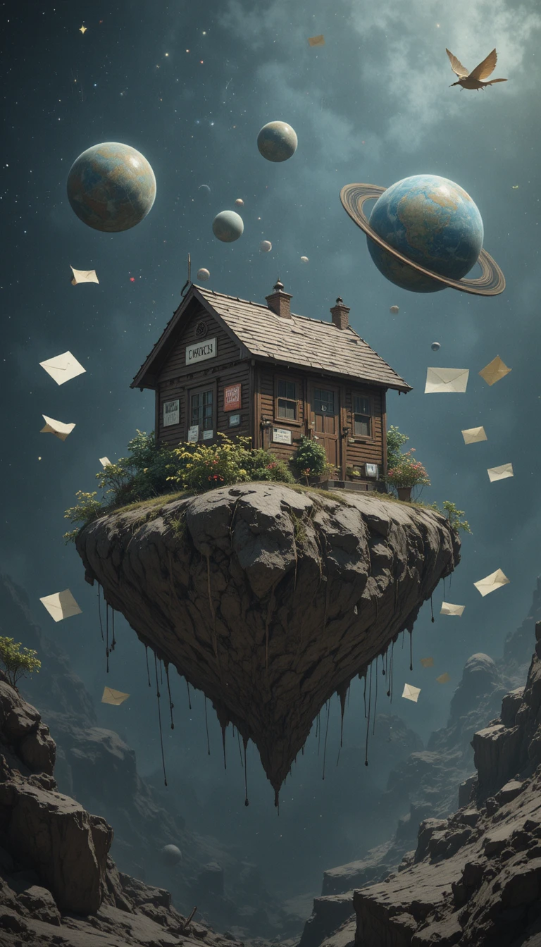 Schwebende Weltraum-Posthütte mit flatternden Umschlägen