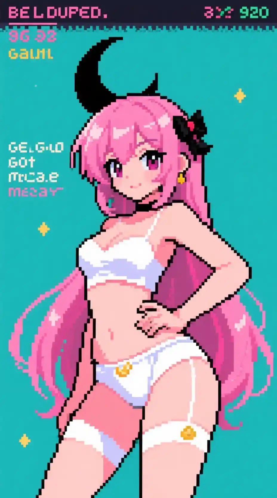 Freche Anime-Mädchen mit pinken Haaren posiert im Retro-Gamescreen