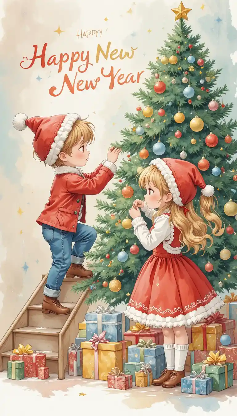 Watercolor children decorating a festive Christmas tree