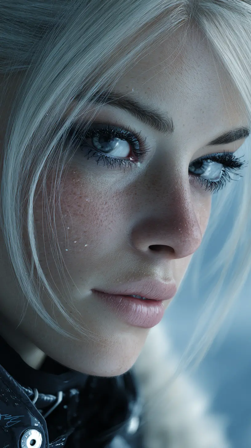 Alien mechanic woman portrait in antarctic evening snow