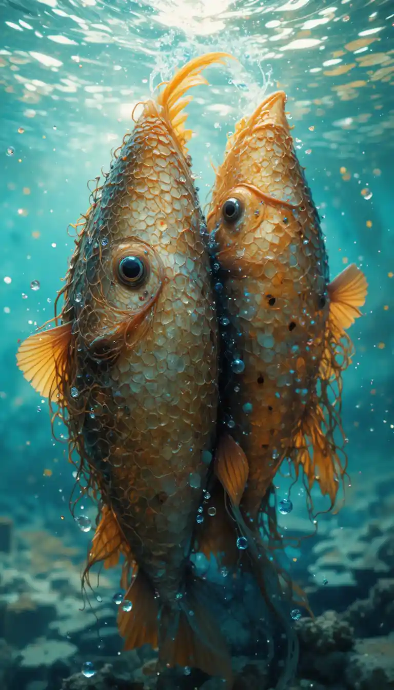 Dois peixinhos nadando juntos em um rio cristalino