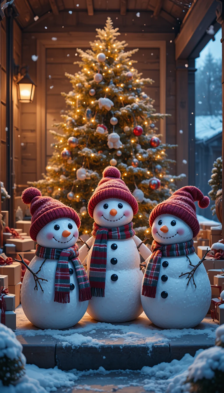 Muñecos de nieve alegres en el porche junto a un árbol de Navidad festivo
