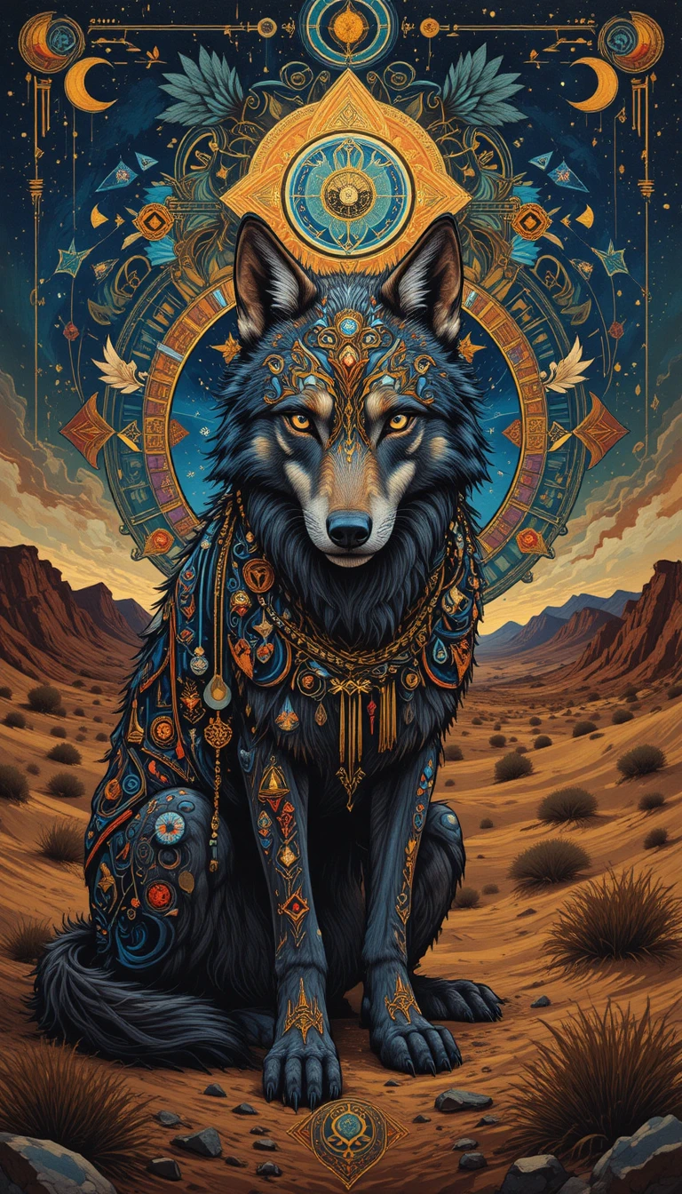 Lobo rodeado de coloridos símbolos geométricos por la noche