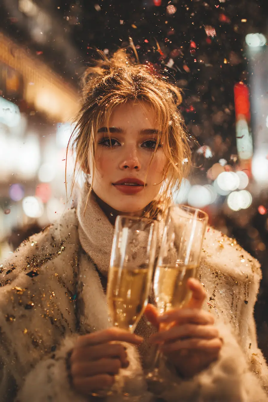 January calendar woman in romantic New Years city night
