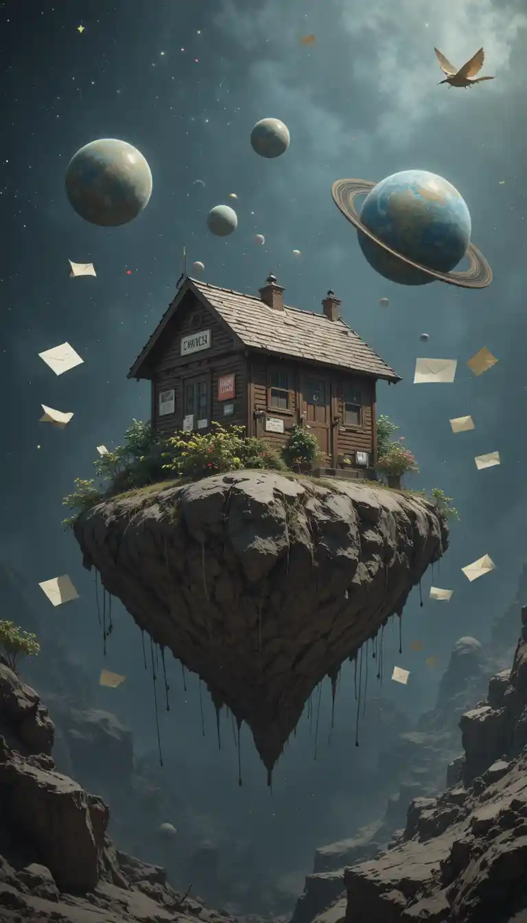 Floating space post office shack with fluttering envelopes