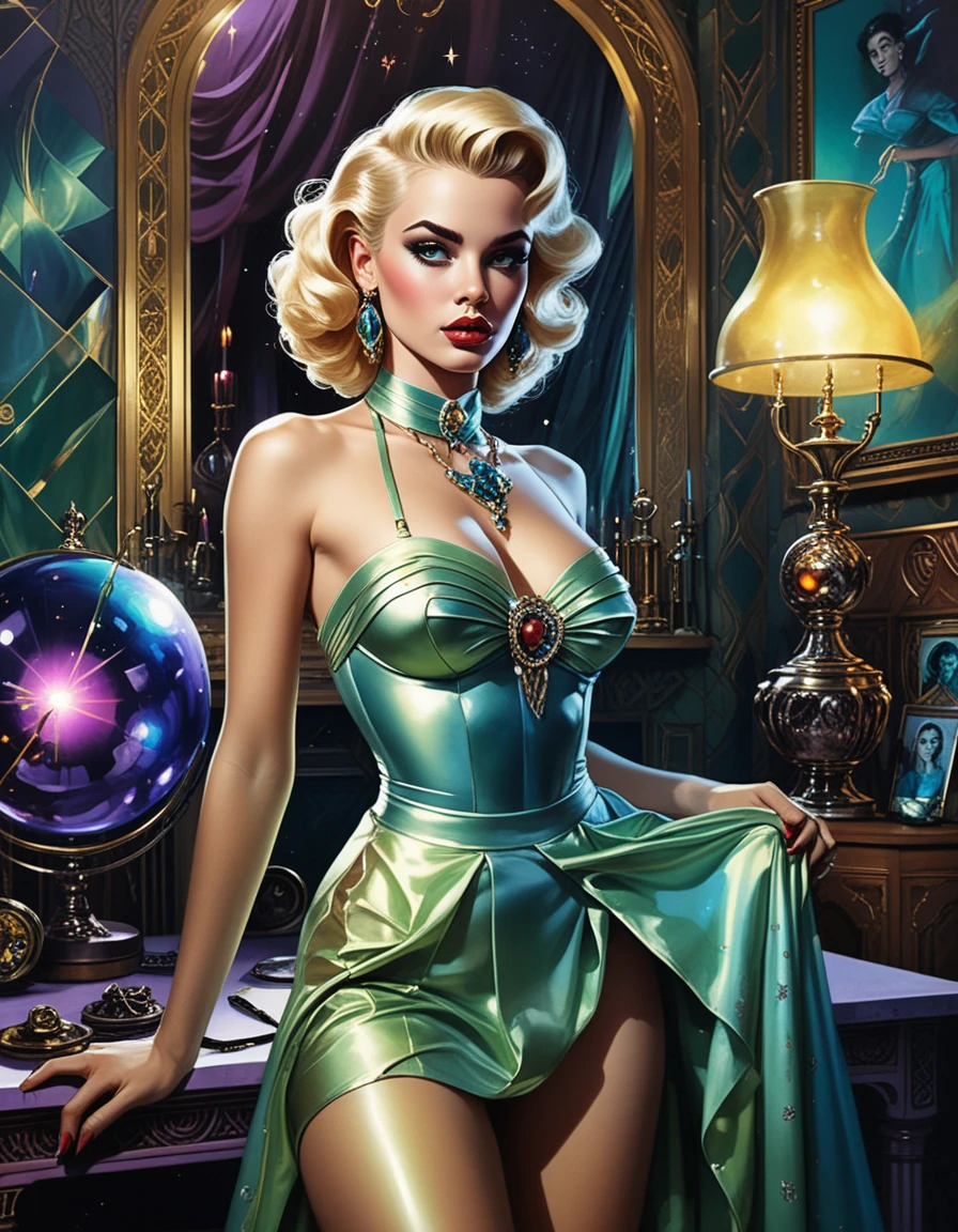 Sultry blond pin up woman in a dark opulent mansion