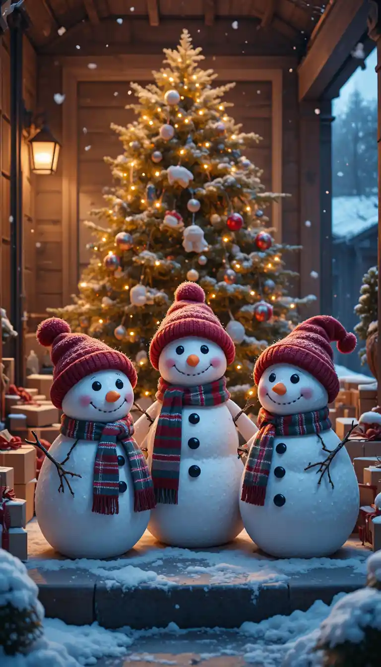Muñecos de nieve alegres en el porche junto a un árbol de Navidad festivo