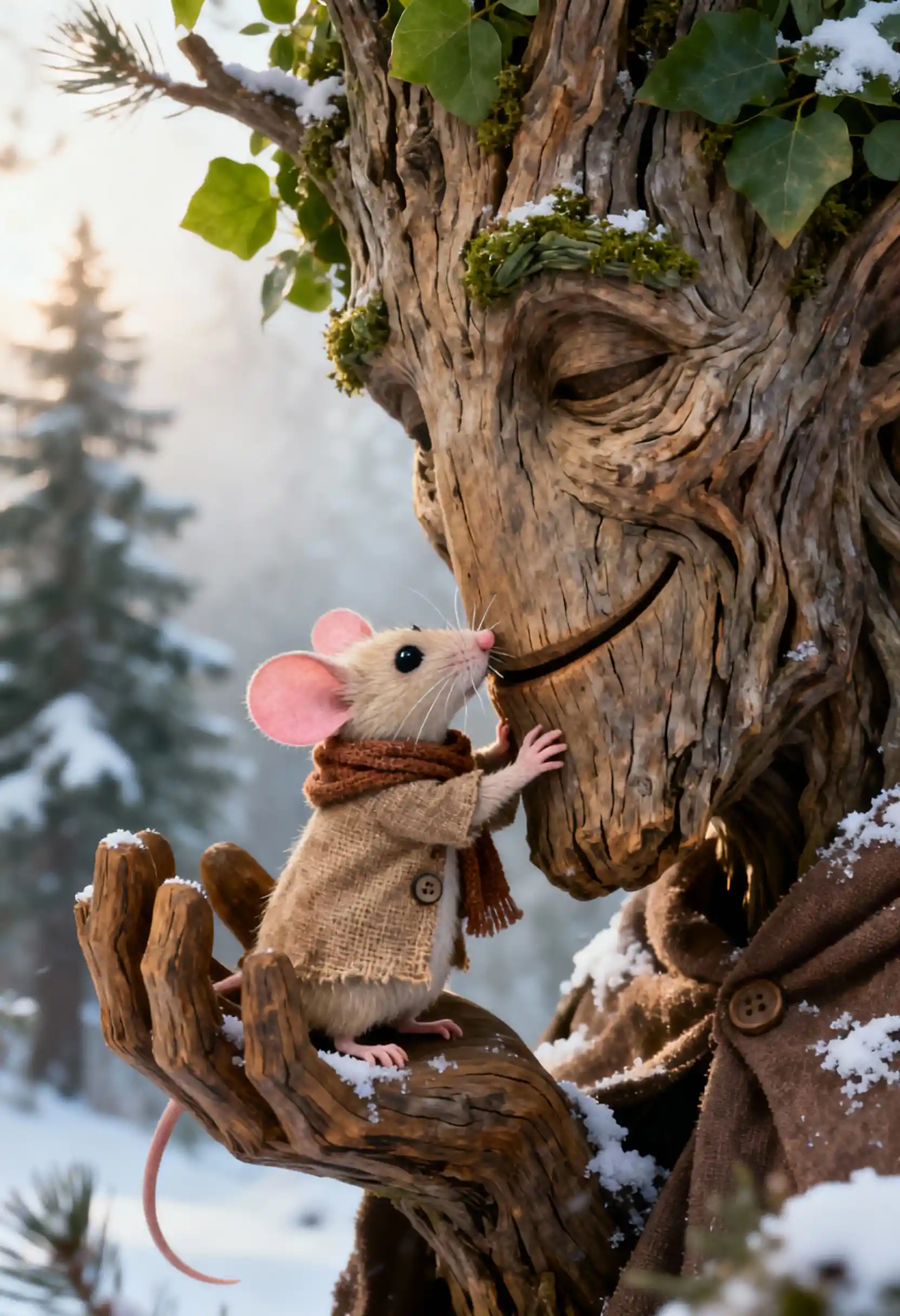 Pequeño ratón encapuchado abrazando a un gentil espíritu del árbol