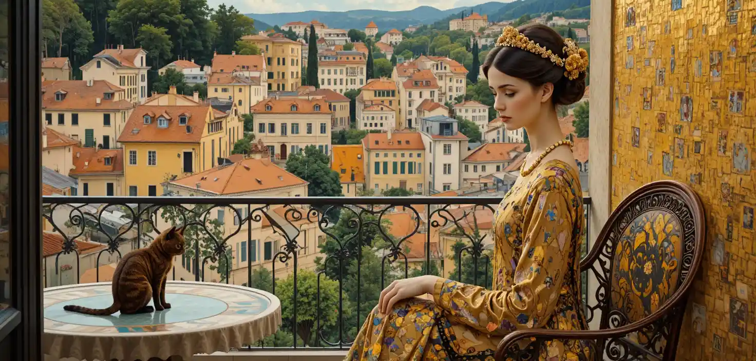 Femme élégante aux motifs dorés sur une terrasse ensoleillée