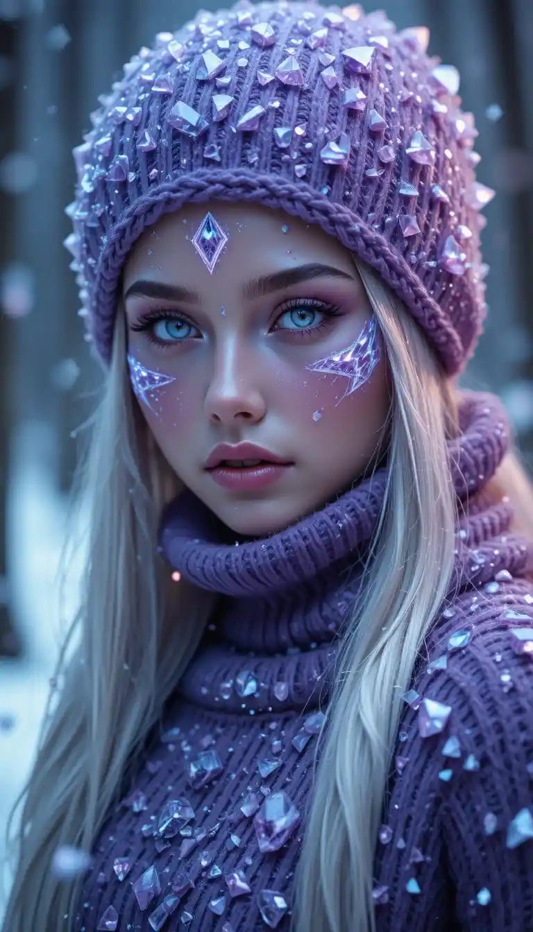 Retrato de donzela de inverno lavanda com runas de cristal e neve