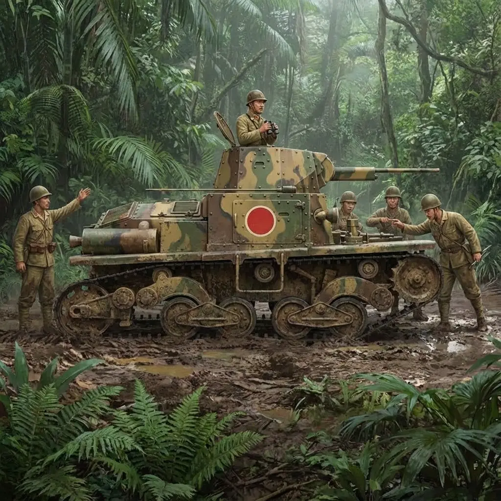 Italian light tank in Japanese service on jungle battlefield