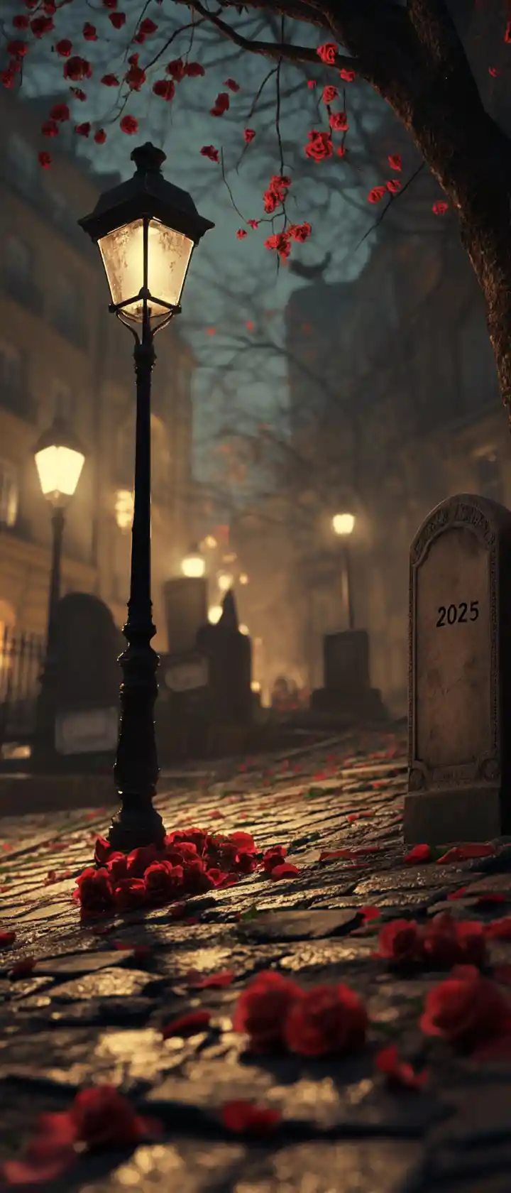 Lonely street lamp with roses in a Paris cemetery