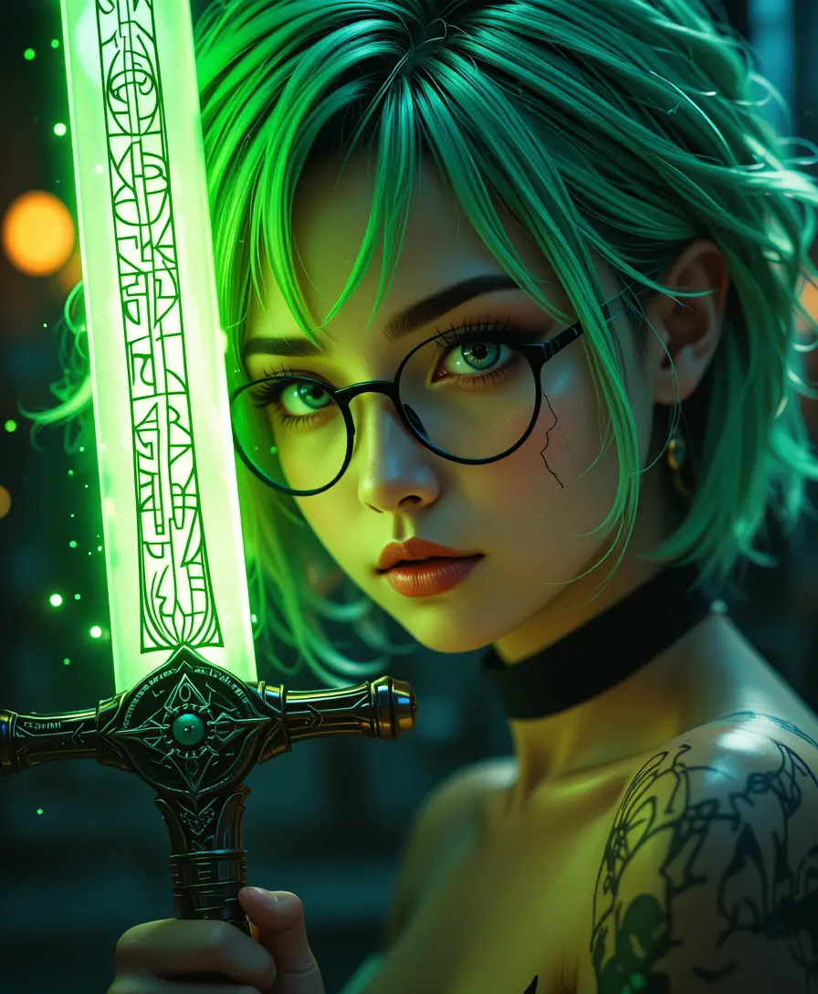 Cyberpunk-Kriegerin mit leuchtendem Runengroßschwert