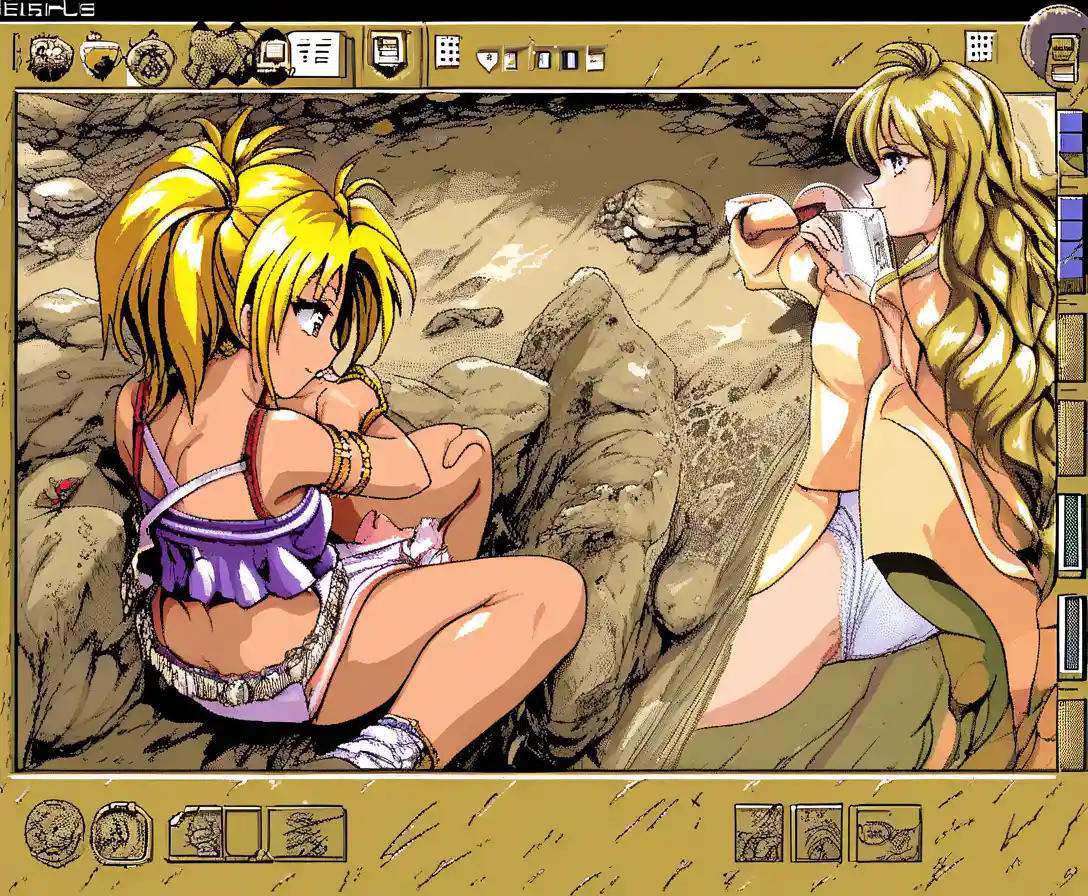 Mulher loira de anime mandando mensagem em um café pixel art à beira da praia