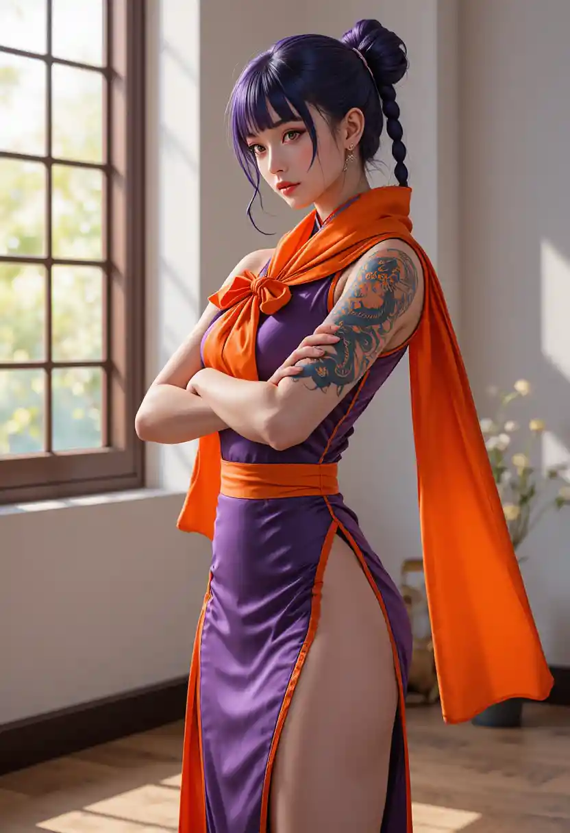Confident anime martial arts girl with orange scarf bow