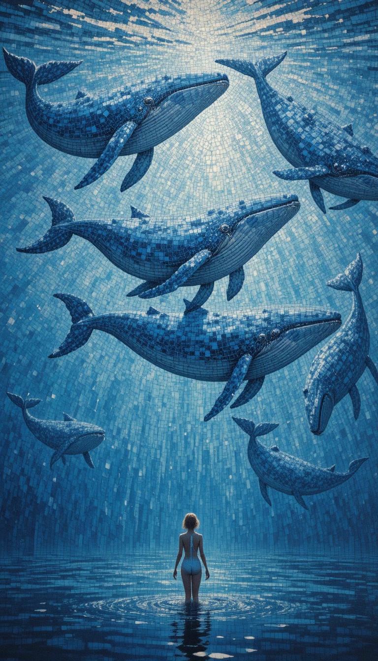 Oil Painting Of Blue Whales Above A Lone Swimmer