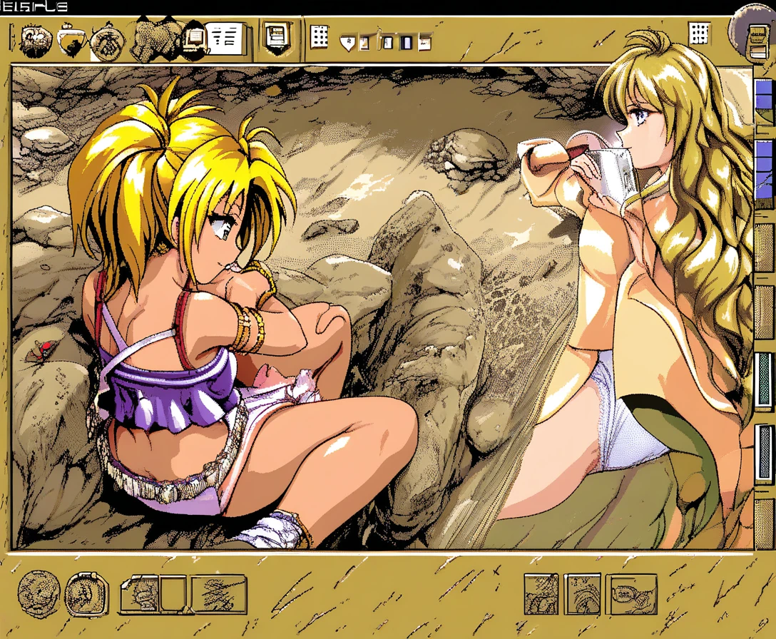 Mujer rubia de anime enviando mensajes en un café pixel art junto a la playa
