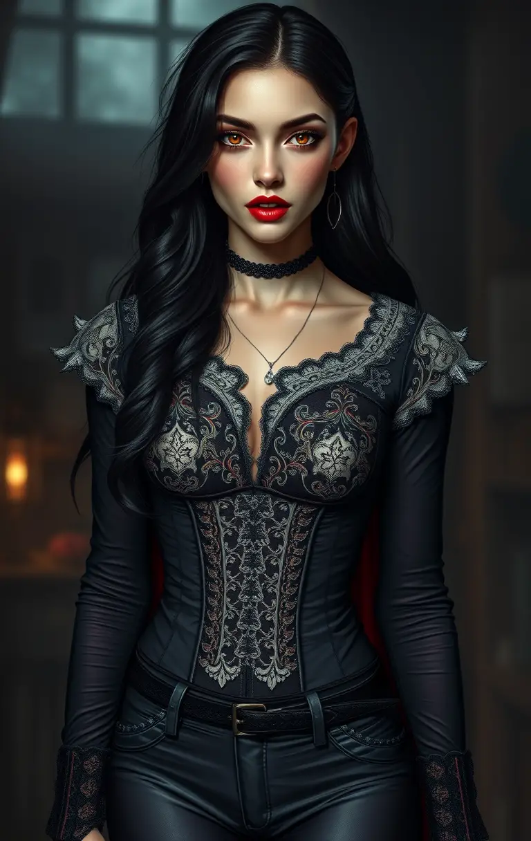 Beautiful vampire woman in dark medieval inspired clothing