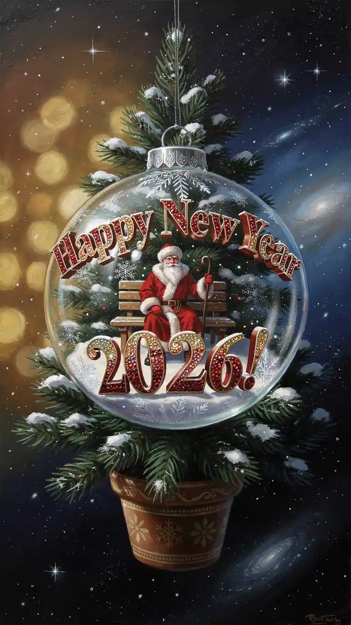 Babbo Natale sovietico dentro di una pallina festiva su rami cosmici di abete