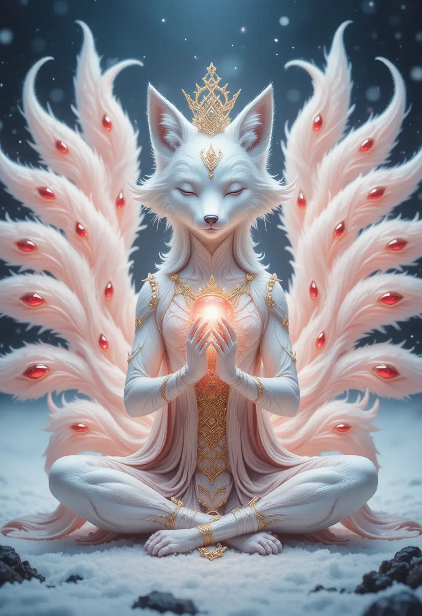 Meditating white fox with glowing rune orb and tails
