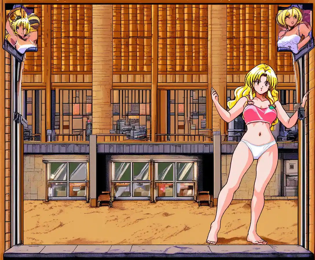 Garota de anime atrevida posando na tela de jogo de café na praia